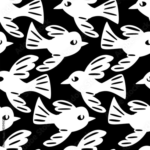 Vector seamless black and white pattern with birds in woodcut style