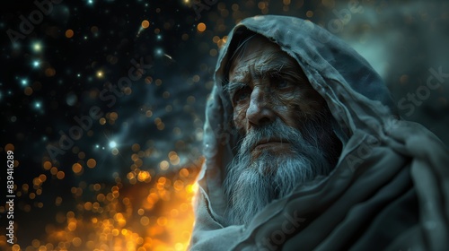 man white beard hooded jacket entertainment closeup celestial cosmos lights spiritual scene city cleric gehenna flares