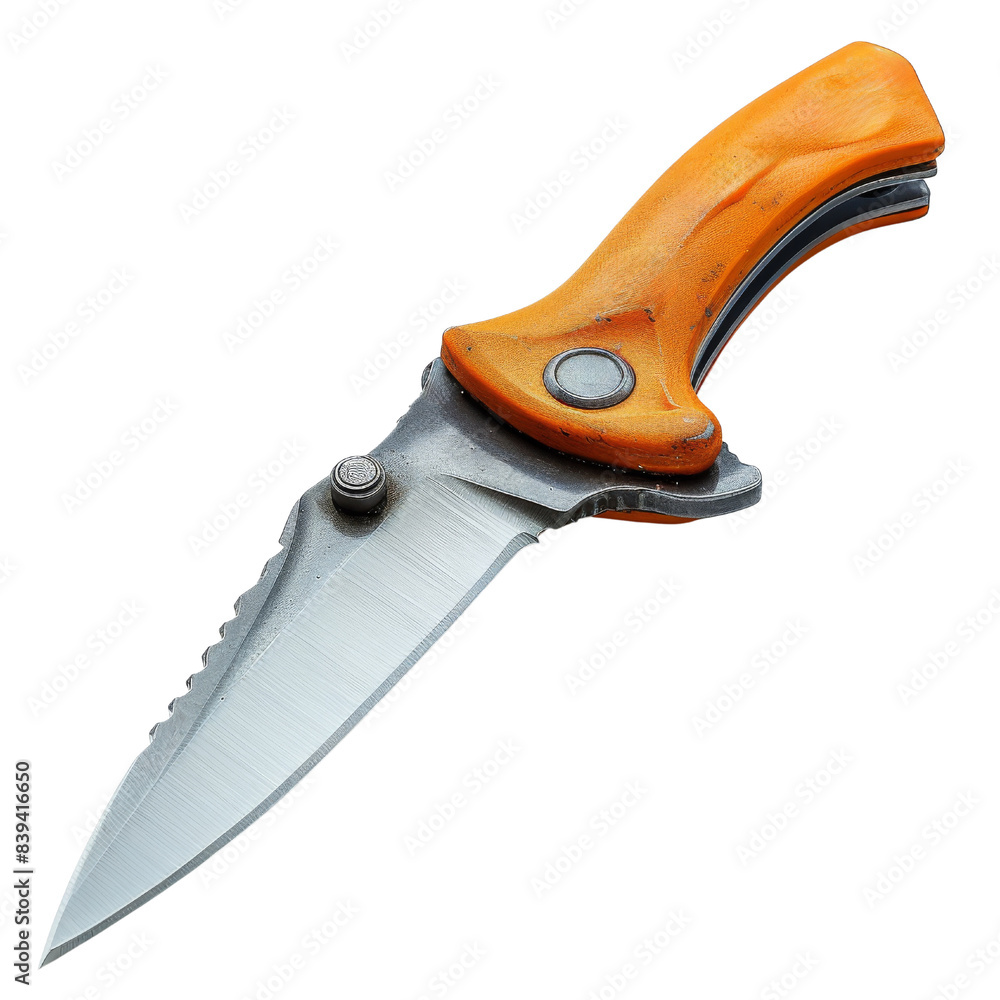 A modern pocket knife with an orange handle and a silver blade. The knife is open and ready to use. A modern pocket knife with an orange handle and a silver blade. The knife is open and ready to use.