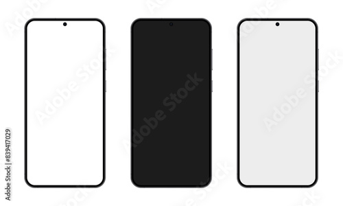 Mobile phones with 3 different screens. Up to date Flagship smartphones vector graphic.