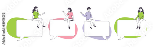 Communication Speech Bubble with People Character Sitting on It Vector Set