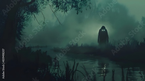 A creepy monster is standing in a dark forest by a river. Scene is eerie and unsettling photo