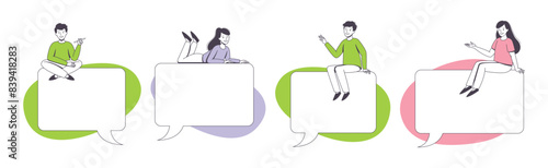 Communication Speech Bubble with People Character Sitting on It Vector Set