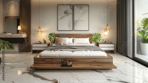 Modern bedroom with expensive flooring  paint and art work  centered  Neatly stacked bed sheet and pillows with good lighting and designer acrylic paint.