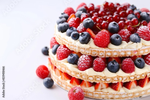 Festive berry meringue cake topped with fresh raspberries, strawberries, and blueberries, creating a vibrant and delicious dessert perfect for celebrations