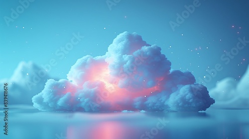 Ethereal cloud with pink illumination floating in serene blue sky, creating a dreamlike and tranquil atmosphere. 3D Illustration. photo