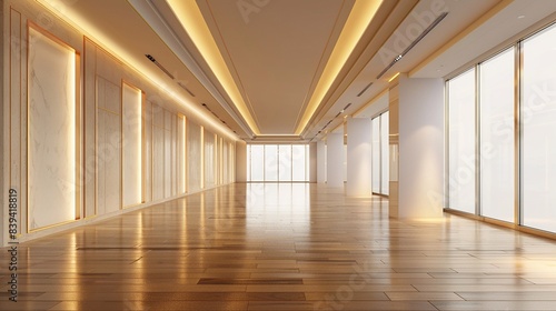Empty hall with soft golden lighting  wooden floors  and minimalist decor  ideal for interior design concepts