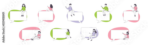 Communication Speech Bubble with People Character Sitting on It Vector Set