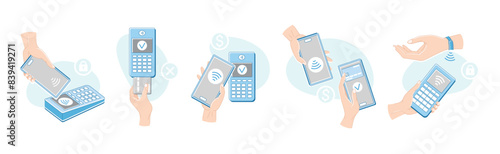 Contactless Payment with Hand Paying with Smartphone, Plastic Card and Wrist Watch Vector Set photo