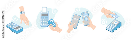 Contactless Payment with Hand Paying with Smartphone, Plastic Card and Wrist Watch Vector Set