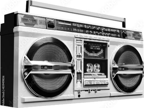 Vector halftone illustration of a retro boombox with a transparent background