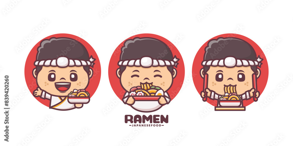 Ramen chef cartoon mascot, with different poses and expressions, vector illustration for culinary industry Ramen chef cartoon mascot, with different poses and expressions, vector illustration for culinary industry