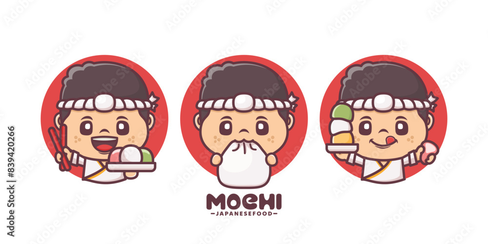 Mochi chef cartoon mascot, with different poses and expressions, vector illustration for culinary industry Mochi chef cartoon mascot, with different poses and expressions, vector illustration for culinary industry