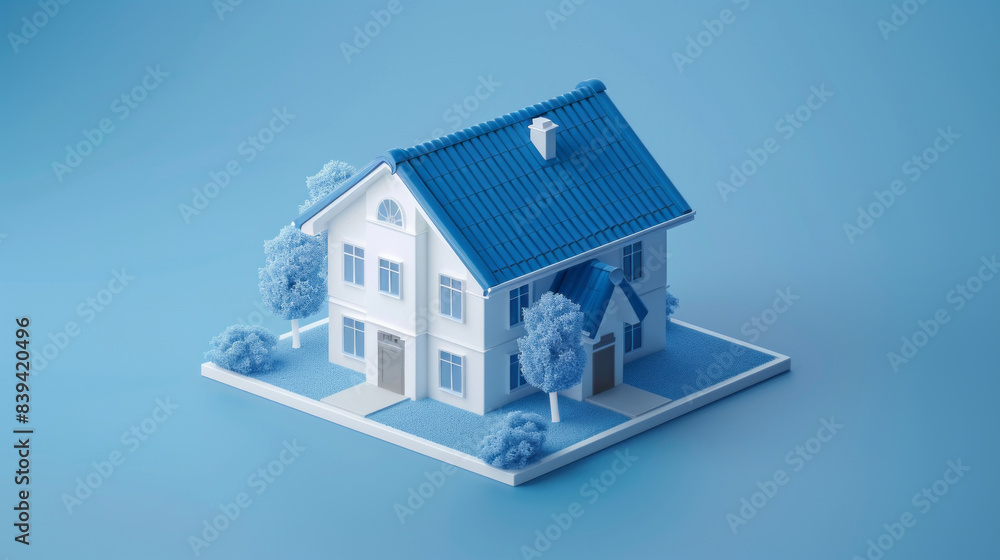 house with blue roof 3d isometrics