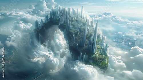 tall island middle clouds flying city riven league legends krypton cubes gently caressing earth liminal space heavens lofty spiral photo