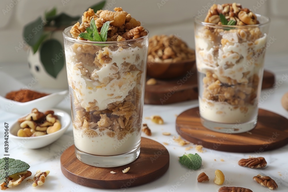Granola parfait with yogurt, nuts, and fresh mint, served in glass cups, creating a healthy and delicious breakfast treat Granola parfait with yogurt, nuts, and fresh mint, served in glass cups, creating a healthy and delicious breakfast treat