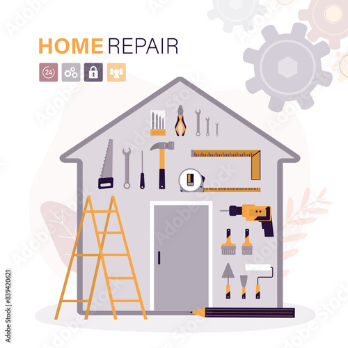 Home repair, silhouette of house with various workman toolkit. Set building hand tools repair. Banner template or poster of repair service.