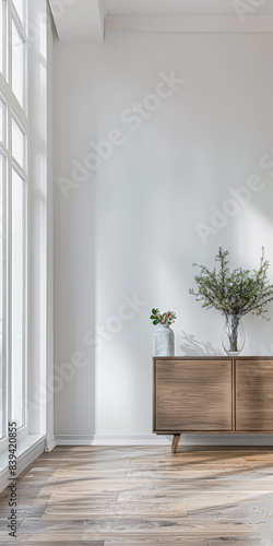 Elegant modern sideboard next to a window in an interior home decor composition.