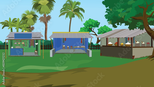 Indian village grocery shop background for cartoon animation. Village market landscape. village road background