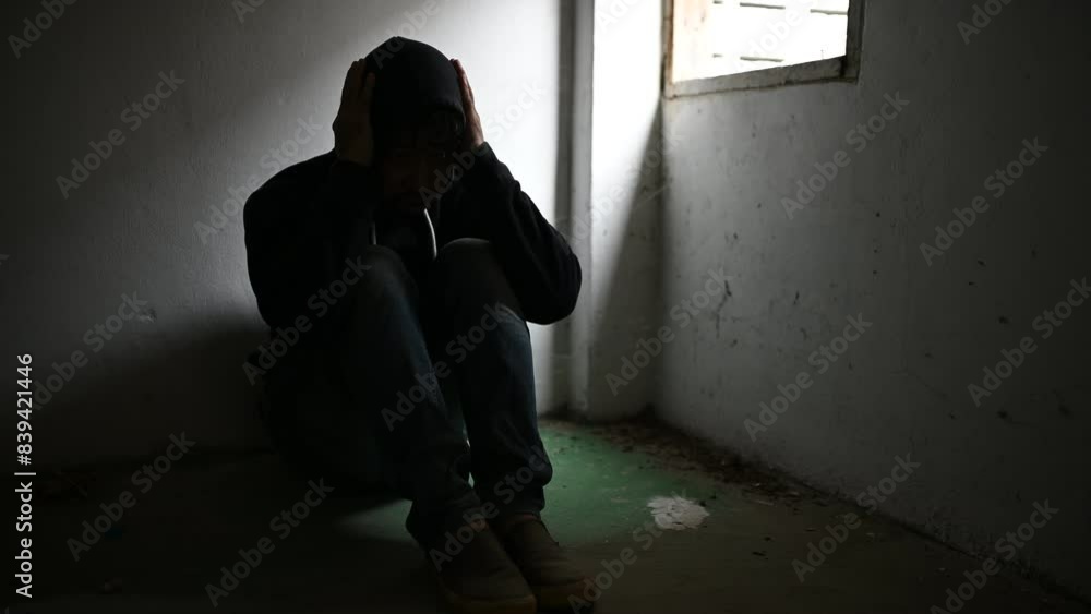 Asian man addict drug in the deserted place,A junkie feels alone in this world,Sad young man sitting in the corner of the room,People are stressed and have depression Asian man addict drug in the deserted place,A junkie feels alone in this world,Sad young man sitting in the corner of the room,People are stressed and have depression