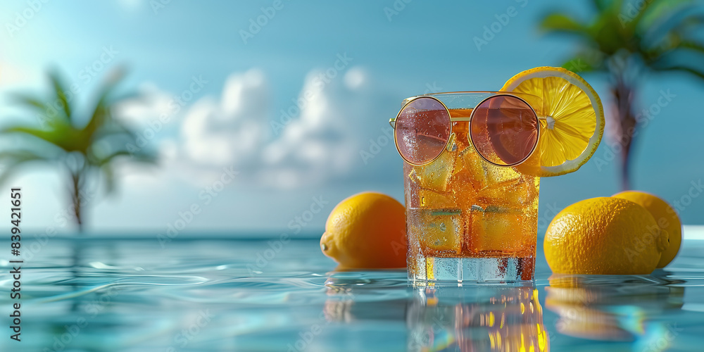 Summer fresh cocktail lemonade in glass with ice and lemon on sea turquoise blue water background with palms. Summer sea vacation and travel concept. Exotic summer drinks. Summertime, summer