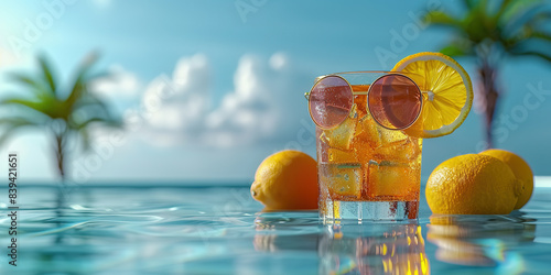 Obraz na płótnie Summer fresh cocktail lemonade in glass with ice and lemon on sea turquoise blue water background with palms. Summer sea vacation and travel concept. Exotic summer drinks. Summertime, summer w salonie