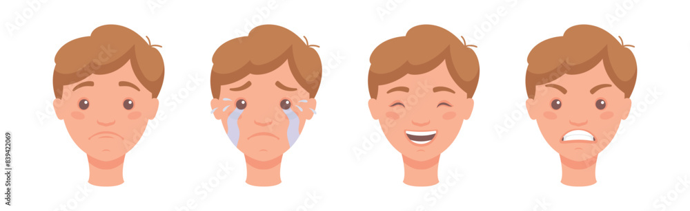 Man Head Showing Face Expression and Emotion Front Vector Set Man Head Showing Face Expression and Emotion Front Vector Set