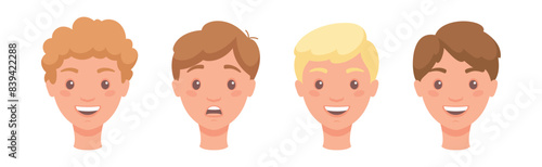 Man Head Showing Face Expression and Emotion Front Vector Set