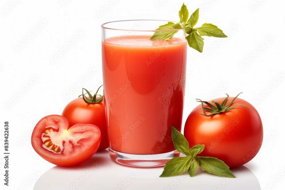 Glass of tomato juice garnished with fresh basil, accompanied by ripe tomatoes, isolated on white Glass of tomato juice garnished with fresh basil, accompanied by ripe tomatoes, isolated on white
