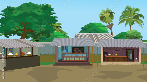 Indian village market. Indian market with tea stall and grocery shop. Asian rural village landscape