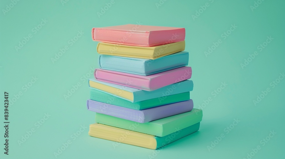 3D clay book stack, front perspective, bright colors, isolated on mint green 3D clay book stack, front perspective, bright colors, isolated on mint green