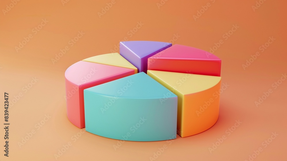 Obraz premium 3D clay pie chart, front perspective, cheerful colors, isolated on pastel orange