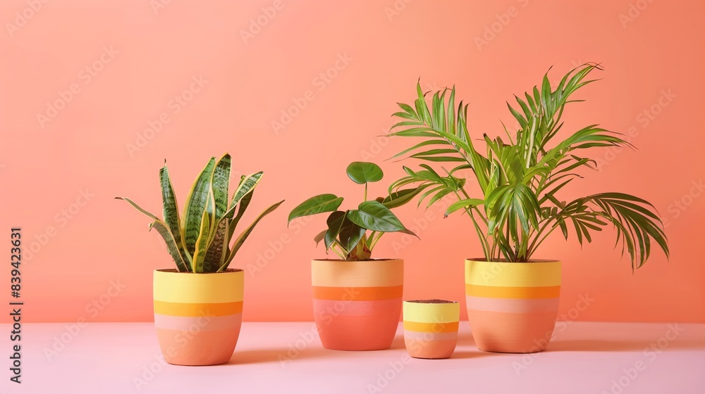 Clay style plant pot, direct front, cheerful hues, on a clear peach background Clay style plant pot, direct front, cheerful hues, on a clear peach background