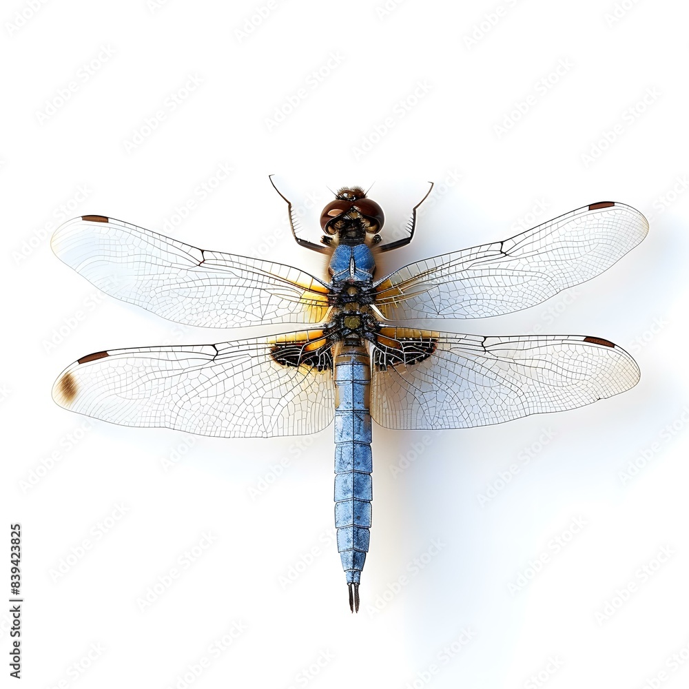 A dragonfly with blue and yellow markings on its body and clear wings with black veins rests on a white surface A dragonfly with blue and yellow markings on its body and clear wings with black veins rests on a white surface
