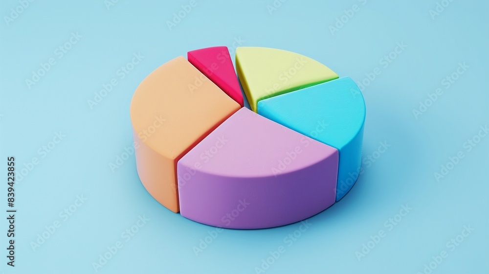 Obraz premium 3D clay pie chart, front angle, vivid colors, against a light blue backdrop