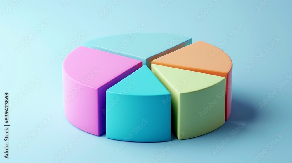 Obraz premium 3D clay pie chart, front angle, vivid colors, against a light blue backdrop