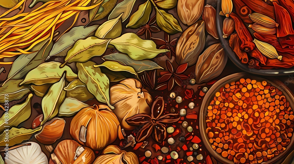 Fototapeta premium Exotic spices and herbs in a colorful and detailed composition