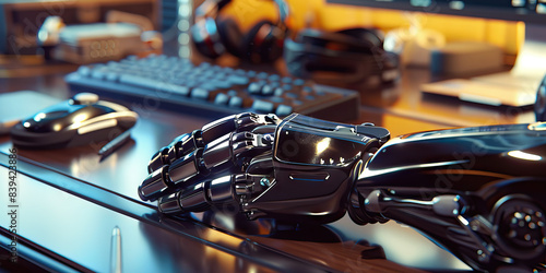 The Transhuman Tech Toy: A shiny exoskeleton suit resting on a stylized desk.