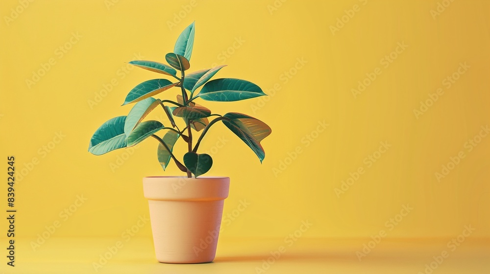 Clay style plant in pot, straight view, vivid hues, solid pastel yellow background Clay style plant in pot, straight view, vivid hues, solid pastel yellow background