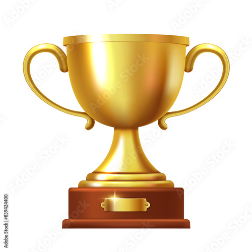 Golden goblet on a wooden stand. Vector 3d clipart.