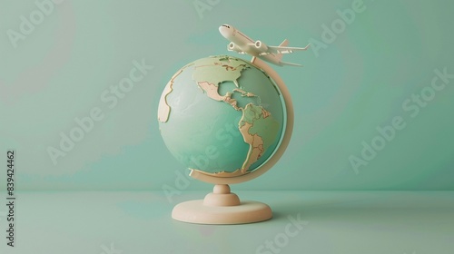 3D clay globe with airplane circling, frontal view, adventure colors, isolated on mint green #839424462