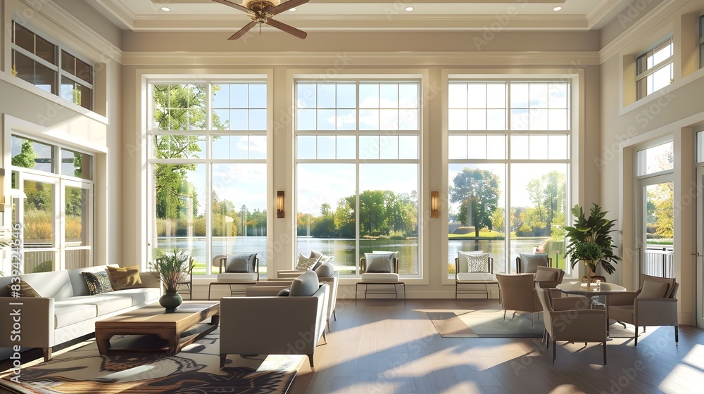 Fototapeta premium Modern Waterfront Senior Living Home with Lake Views and Serene Natural Light