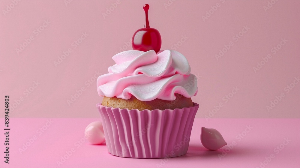 3D clay cupcake with cherry, front view, sweet palette, isolated on baby pink 3D clay cupcake with cherry, front view, sweet palette, isolated on baby pink