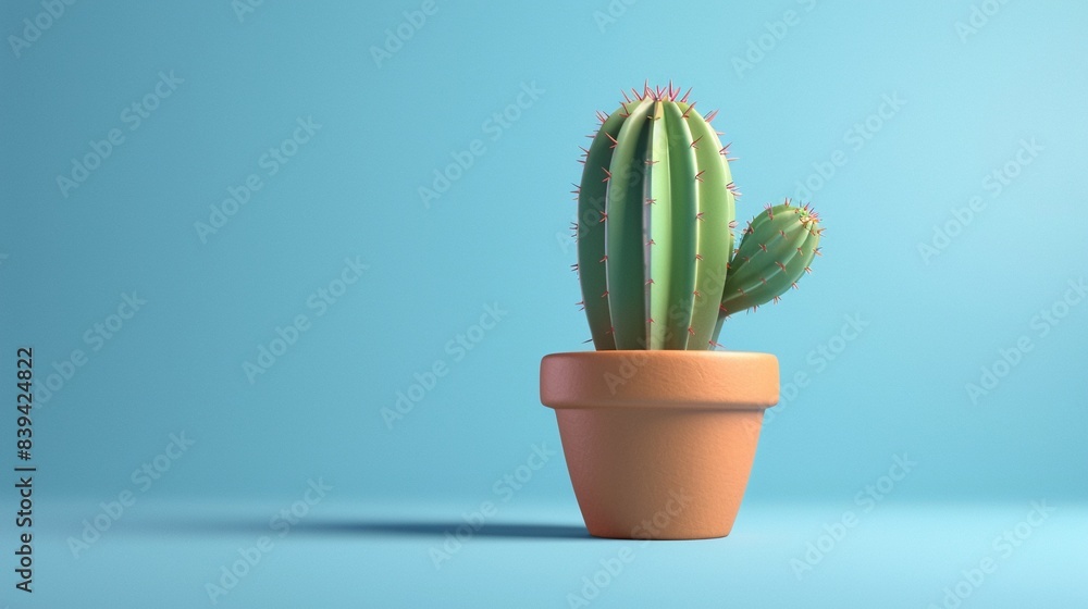Clay potted cactus, direct front, desert vibes, against a sky blue background Clay potted cactus, direct front, desert vibes, against a sky blue background