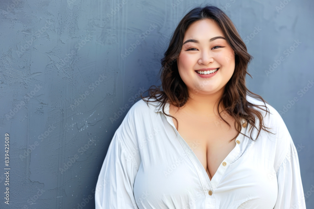Plus size Asian woman laughing happy looking at camera Plus size Asian woman laughing happy looking at camera