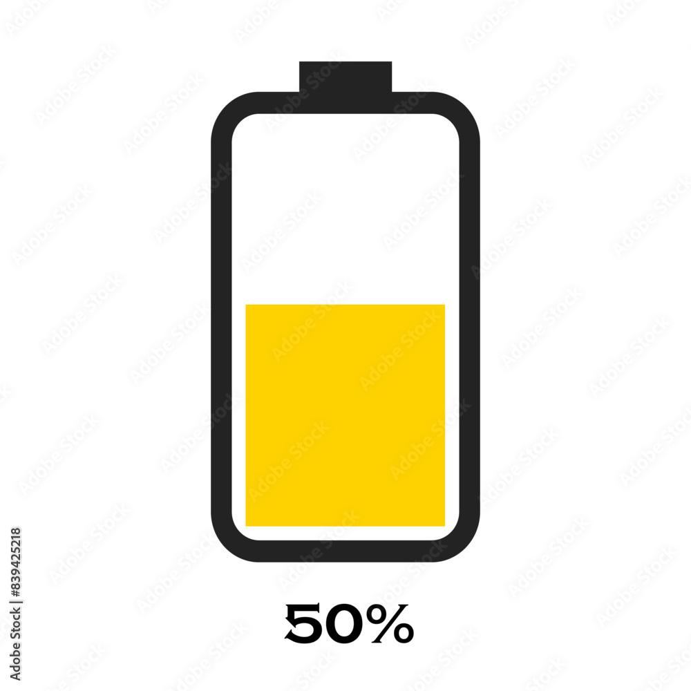 Battery charge indicator with 50% percent energy level isolated on white background.
Battery charge indicator with 50% percent energy level isolated on white background.