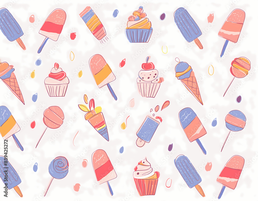 Create a playful pattern of sweets and candies, including lollipops, cupcakes, and ice cream Create a playful pattern of sweets and candies, including lollipops, cupcakes, and ice cream