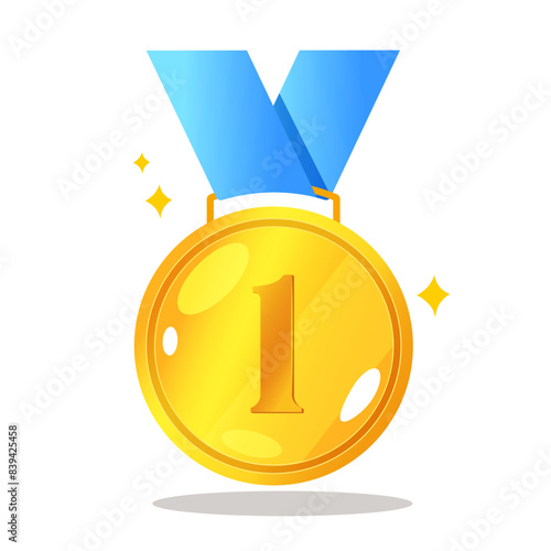 Golden number one award medal with blue ribbon isolated on white background.
