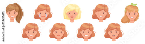 Woman Head Showing Face Expression and Emotion Vector Set
