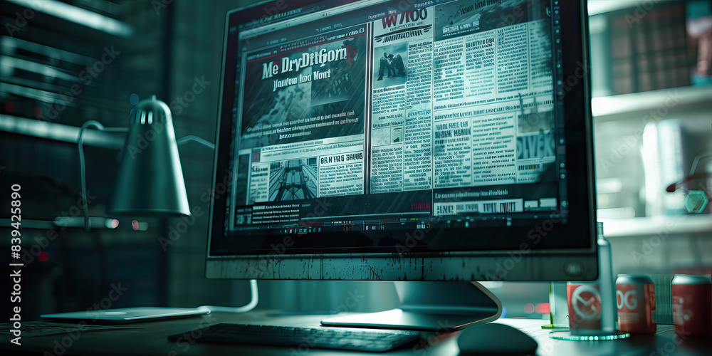 The Digital Dystopia: A grimy computer monitor showing news of a ...